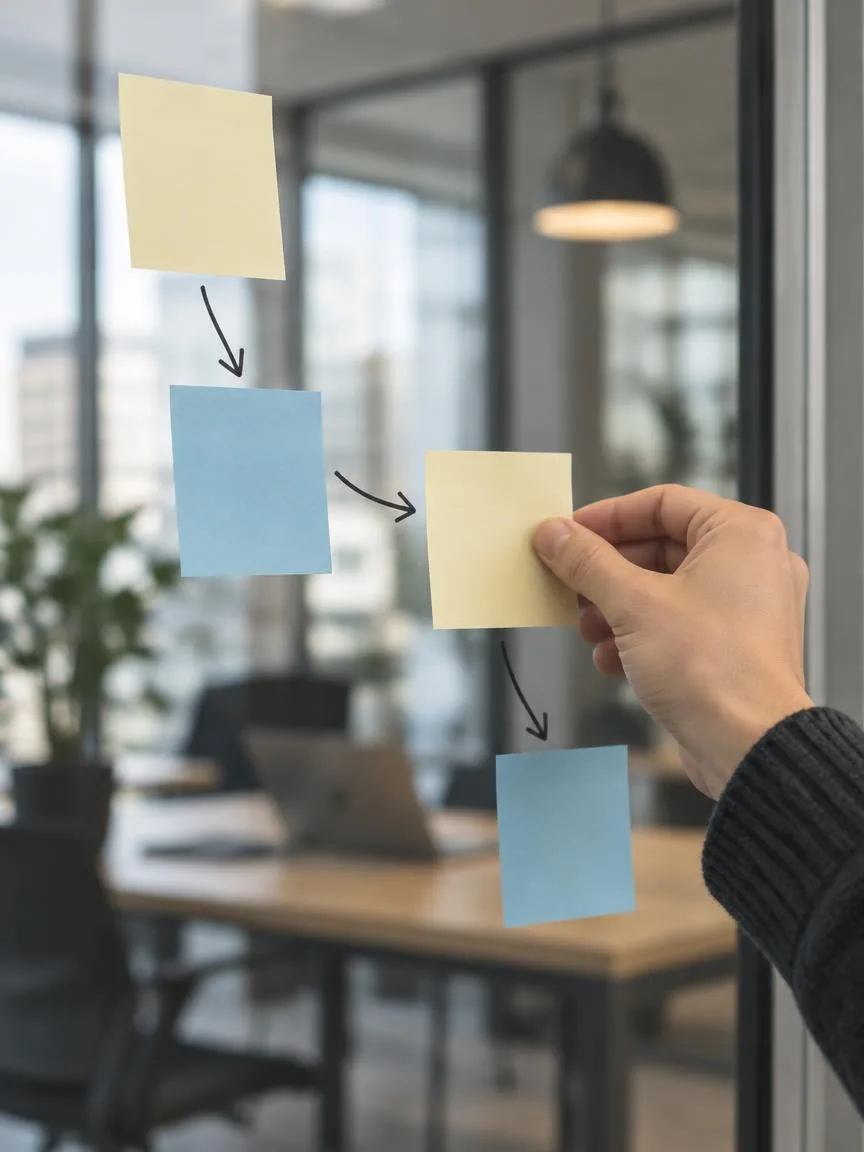 A hand placing sticky notes on a glass wall to map a career path