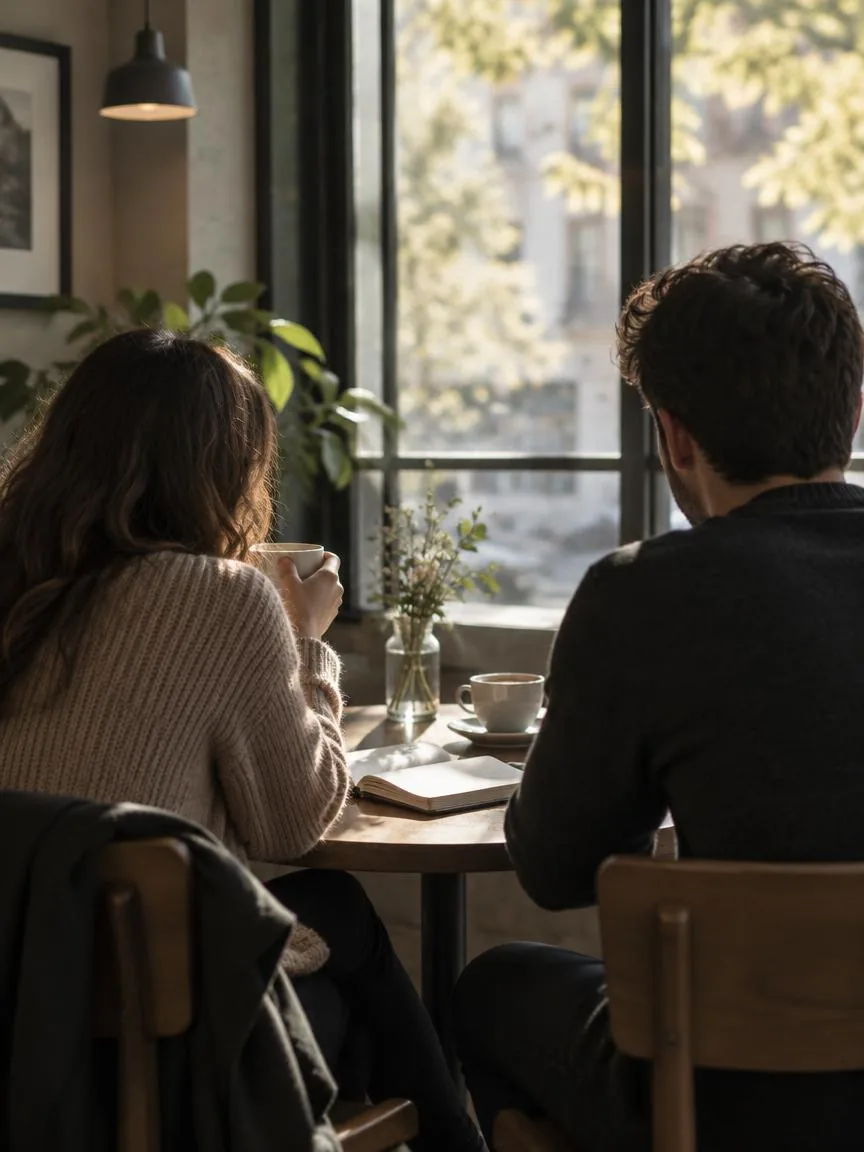 Two people in conversation over coffee at a sunlit cafe table