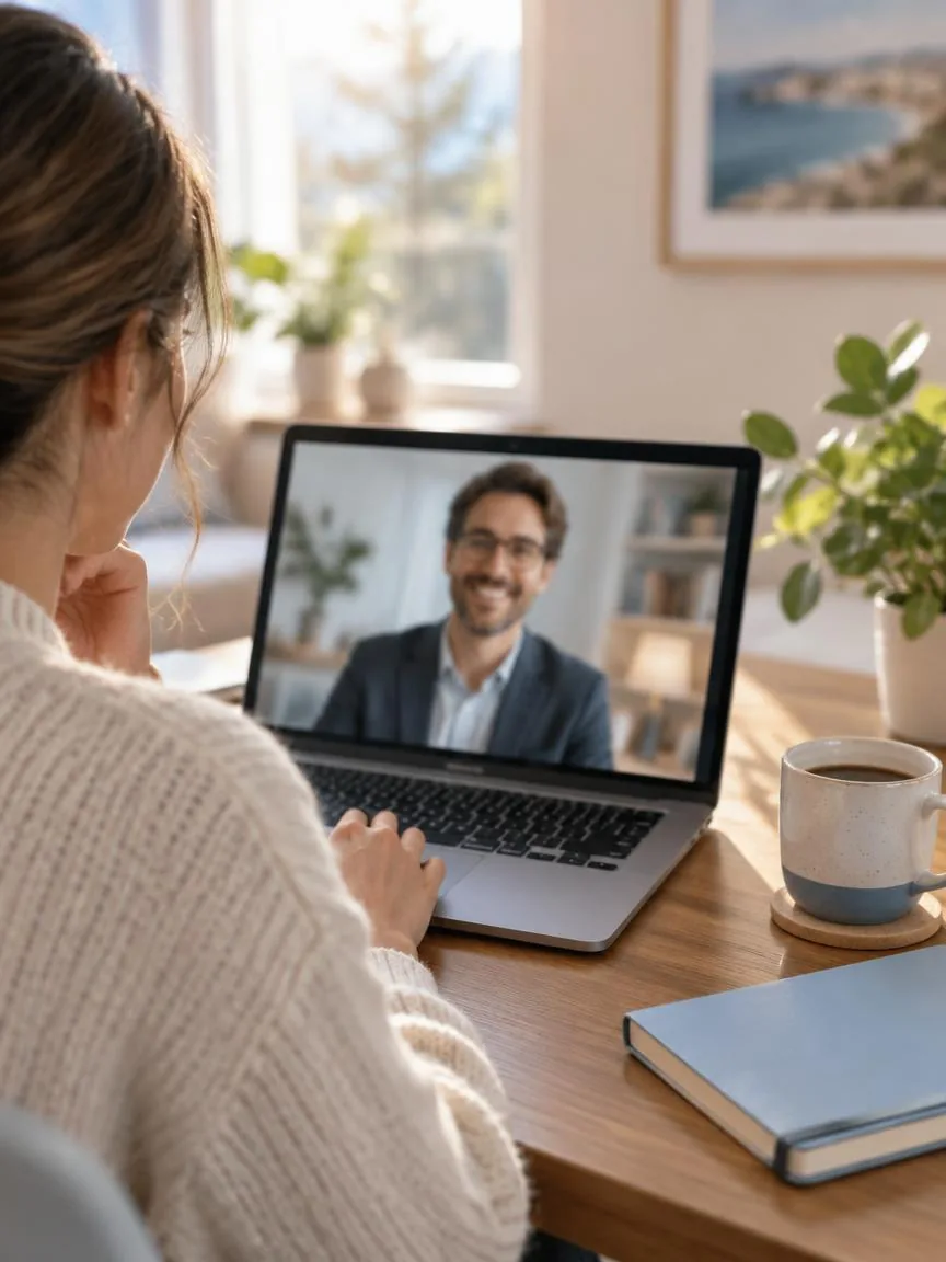 A laptop video call in progress at a bright home office desk