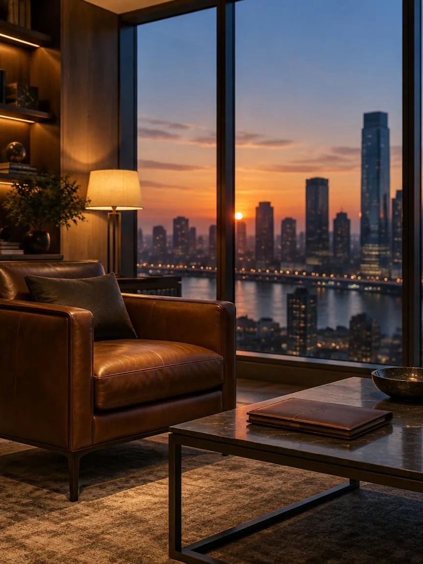 A calm executive office overlooking a city skyline at dusk