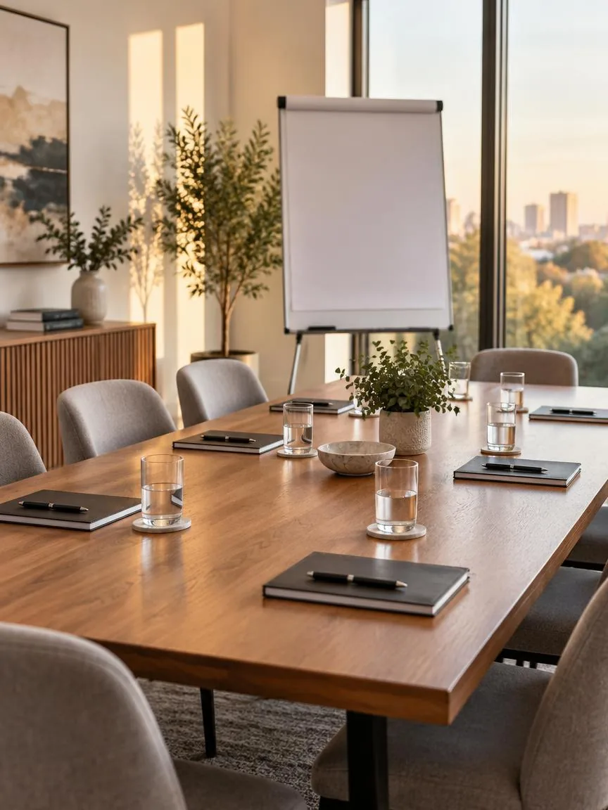 A bright meeting room set for a leadership workshop