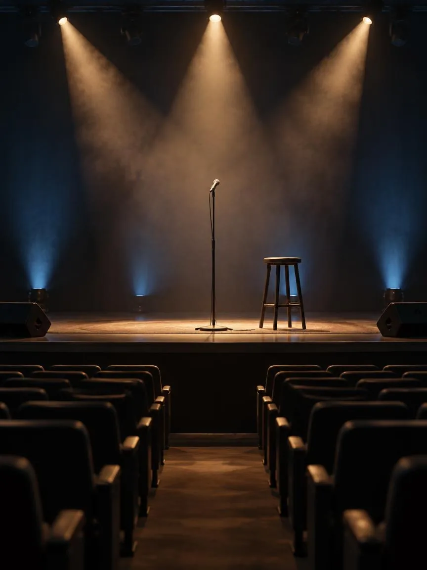 A conference stage with a microphone under warm spotlights